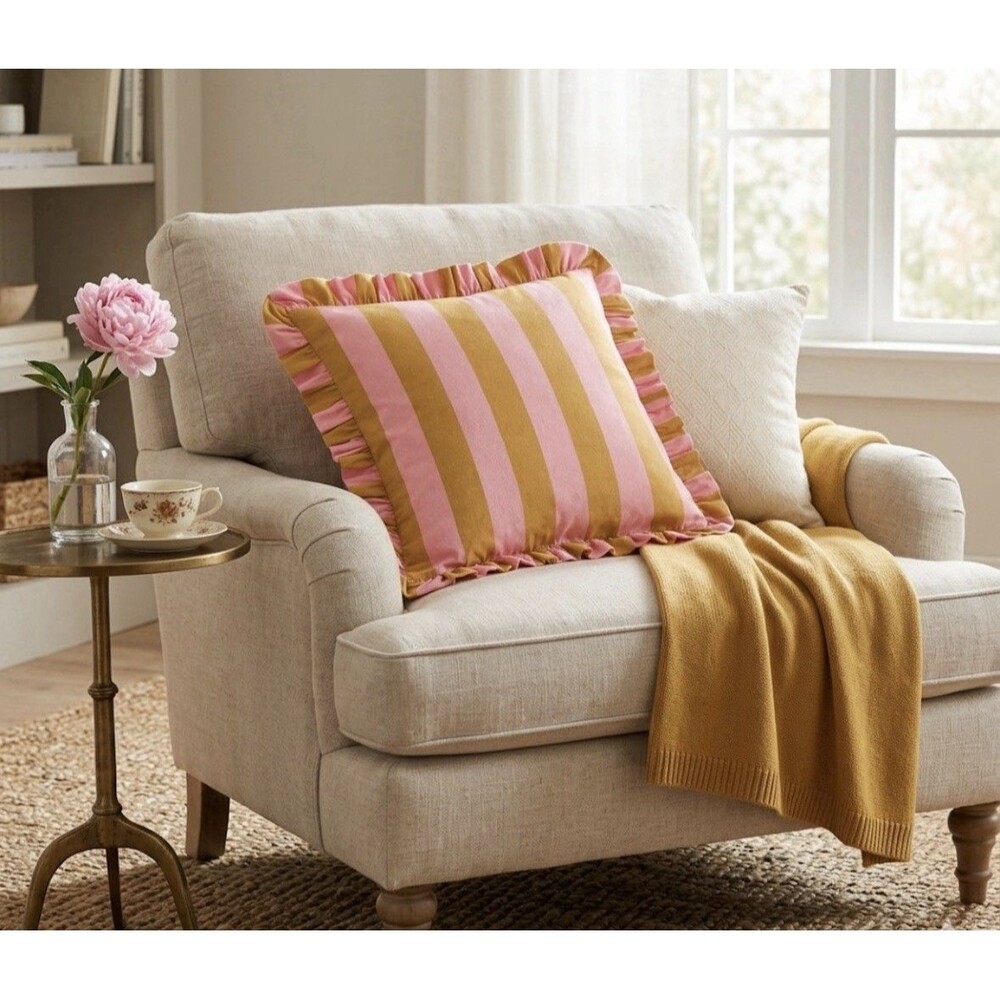 NWT H&M Home Pink Yellow Stripe Single Cushion Cover 20x20” With Frill Edge